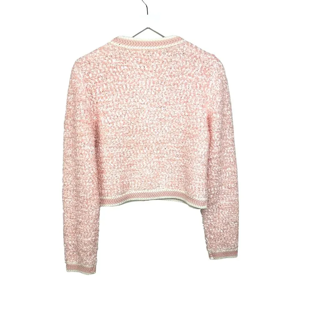 Alice + Olivia Noella Cropped Cardigan Medium Pink Boucle Knit Crew Button Front - Picture 7 of 15